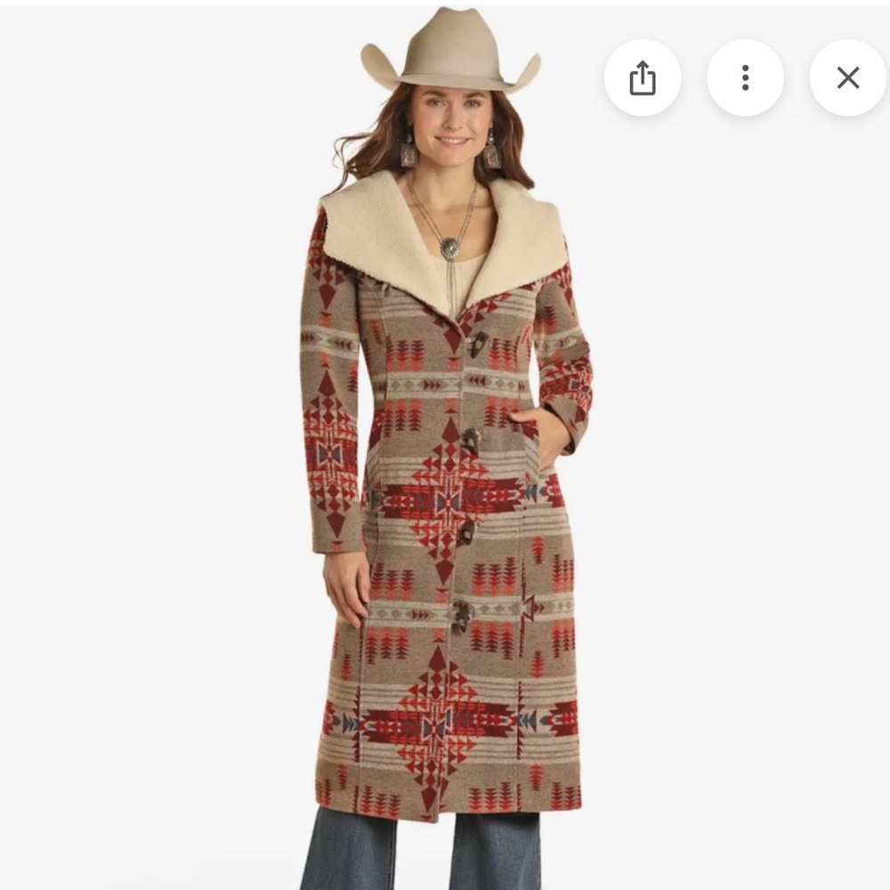 Women's Patterned Long Coat with Shearling Collar